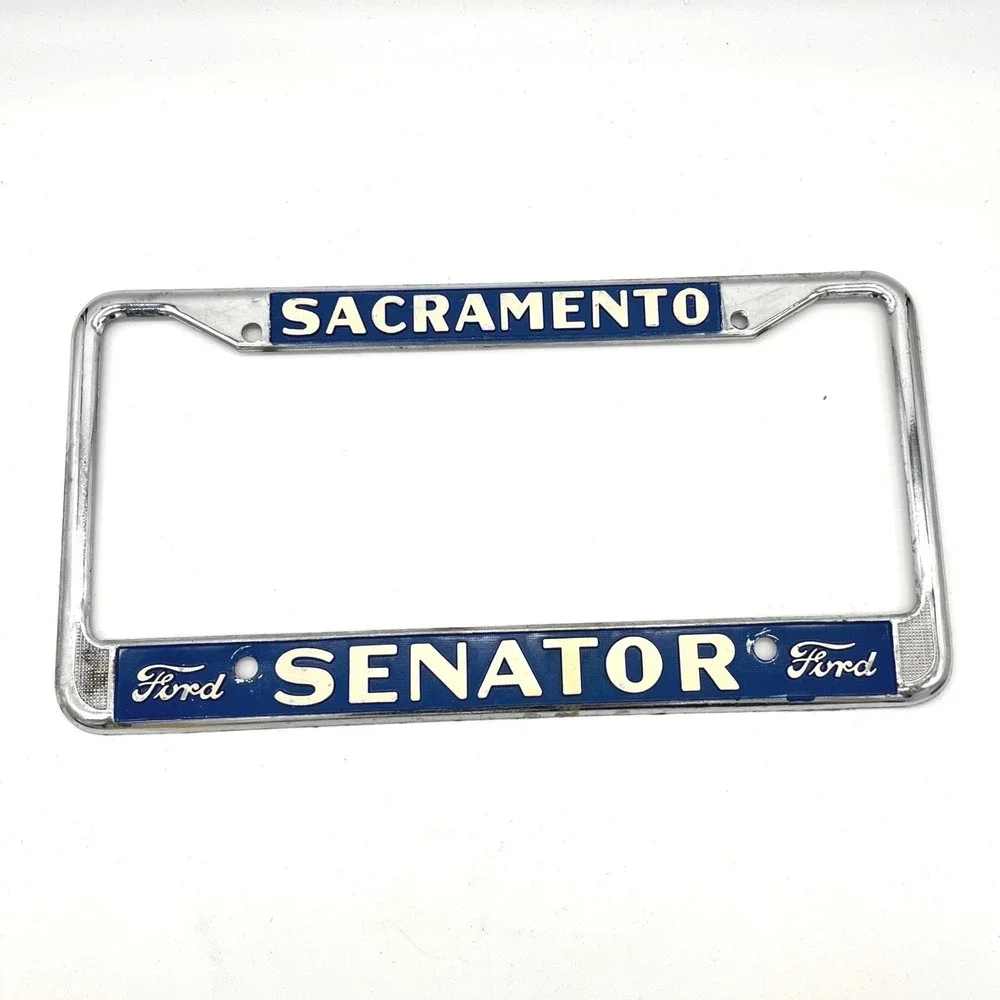 Vintage Sacramento Senator Ford License Plate Frame Chrome Blue White Metal